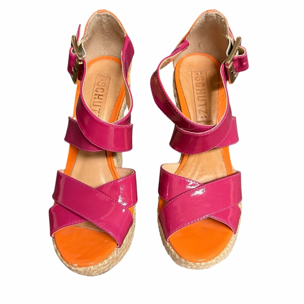 SCHUTZ Pink Orange Patent Leather Wedge Platform Espadrille Sandals Womens 5